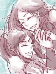  2girls armlet avatar:_the_last_airbender avatar_legends bad_id bad_pixiv_id bare_shoulders closed_eyes eyelashes hair_tubes holding_hands interlocked_fingers katara korra monochrome multiple_girls smile_(pixiv1491362) the_legend_of_korra time_paradox topknot 