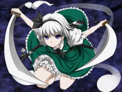  black_hairband bloomers blue_eyes bow bowtie commentary_request dress_shirt dual_wielding female flower ghost hair_ribbon hairband highres hitodama holding katana konpaku_youmu konpaku_youmu_(ghost) purple_eyes ribbon scabbard serious sheath shirt skirt solo squatting sword toron_(mino106) touhou underwear vest weapon white_hair 