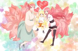  1boy 2girls bad_id bad_pixiv_id blonde_hair blue_eyes double_bun family flats fox_tail hair_bun hair_ornament hairclip happy heart highres jumping long_hair multiple_girls multiple_tails naruto naruto_(series) photoshop_(medium) pink_hair skirt smile spiked_hair taicho tail thighhighs trait_connection uzumaki_kushina uzumaki_mito uzumaki_naruto yellow_eyes 