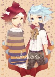  2boys bandage bandages blue_eyes candy cape costume inazuma_eleven inazuma_eleven_(series) lollipop momoshiki_tsubaki mouth_hold multiple_boys mummy nagumo_haruya necktie oerba_yun_fang pointy_ears red_hair suzuno_fuusuke sweater vampire white_hair yellow_eyes 