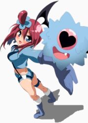  bad_id bad_pixiv_id bat_wings blue_eyes blue_footwear blush boots breasts crop_top female gloves hair_ornament heart medium_breasts midriff momoiro_tanuki pokemon pokemon_(creature) pokemon_bw red_hair skyla_(pokemon) wings woobat 