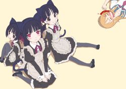  4girls :o =_= alternate_costume animal_ears apron arm_support bad_id bad_pixiv_id black_eyes black_hair blood blush brown_hair enmaided fake_animal_ears flat_color frills gokou_hinata gokou_ruri gokou_tamaki grin hair_ornament hairband hairclip hands_on_lap kousaka_kirino kousaka_kirino&#039;s_school_uniform maid mary_janes matsuryuu mole mole_under_eye multiple_girls nosebleed ore_no_imouto_ga_konna_ni_kawaii_wake_ga_nai pantyhose photoshop_(medium) purple_eyes school_uniform serafuku shoes siblings simple_background sitting smile so_moe_i&#039;m_gonna_die! tail twintails wariza wrist_cuffs 