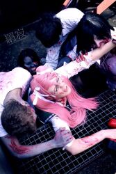  bite biting blood cosplay glasses highschool_of_the_dead photo pink_hair ribbon scared school_uniform screaming takagi_saya zombie zombies 