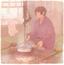  1boy axis_powers_hetalia bad_id bad_pixiv_id black_hair border brown_eyes canine chopsticks cooking cooking_pot fading_border fire fish food hanging irori_(hearth) japan_(hetalia) japanese_clothes jizaikagi kimono ladle male_focus pochi_(hetalia) pon_(cielo) purple_kimono sitting skewer smile smoke solo steam window wood 