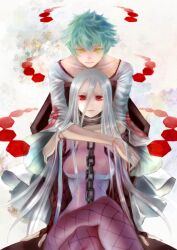  1boy akubi_(fyfy) albino aqua_hair bad_id bad_pixiv_id breasts chains collar collarbone colored_eyelashes crossed_legs deadman_wonderland female fishnet_pantyhose fishnets hug hug_from_behind long_hair medium_breasts pantyhose red_eyes sakigami_toto scar shiro_(deadman_wonderland) short_hair silver_hair sitting very_long_hair yellow_eyes 