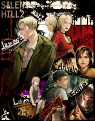  3boys 4girls angela_orosco bad_id bad_pixiv_id baseball_cap blonde_hair blue_eyes brown_eyes brown_hair bubble_head_nurse choker eddie_dombrowski hat highres james_sunderland kanataria laura_(silent_hill) lolicon maria_(silent_hill) mary_shepherd-sunderland multiple_boys multiple_girls photoshop_(medium) ponytail pyramid_head silent_hill_(series) silent_hill_2 