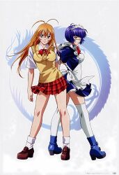  2girls absurdres ahoge blue_eyes blue_hair boots eyepatch gloves headdress highres ikkitousen long_hair multiple_girls red_skirt rin-sin ryomou_shimei scan scan_artifacts school_uniform short_hair skirt sonsaku_hakufu sweater_vest thighhighs 