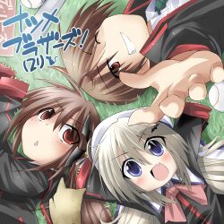  1boy 2girls baseball baseball_bat bat_hair_ornament bibi02 blue_eyes brown_hair commentary_request feline foreshortening grass grey_hair hair_ornament hat little_busters! little_busters!_school_uniform long_hair lying multiple_girls natsume_kyousuke natsume_rin noumi_kudryavka oerba_yun_fang reaching red_eyes school_uniform short_hair 