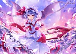  6u_(eternal_land) ascot bad_id bad_pixiv_id bat_wings blue_hair brooch chains cloud dress female hat jewelry moon photoshop_(medium) polearm red_eyes remilia_scarlet short_hair sky smile solo spear spear_the_gungnir touhou weapon wings wrist_cuffs 