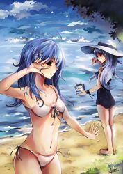  2girls ahoge altoris_(scee) aqua_hair barefoot beach bikini bili_girl_22 bili_girl_33 bilibili blue_hair cloud day front-tie_top hair_ornament hat highres kiraboshi_(star_driver) leaf long_hair multiple_girls ocean one-piece_swimsuit outdoors outstretched_hand photoshop_(medium) red_eyes school_swimsuit shore side-tie_bikini_bottom signature sky star_driver straw_hat swimsuit television v v_over_eye water white_one-piece_swimsuit 