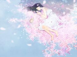  animal barefoot black_hair blue_eyes cherry_blossoms commentary_request dress female flower hair_flower hair_ornament jewelry legs long_hair lying necklace on_side original pearl_necklace petals profile rabbit shigureteki solo white_dress 