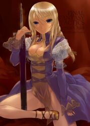  agrias_oaks blonde_hair braid breasts character_name cleavage commentary_request copyright_name dress female final_fantasy final_fantasy_tactics frilled_dress frilled_sleeves frills large_breasts leg_up long_hair looking_at_viewer no_panties purple_eyes single_braid solo sword tooka weapon 