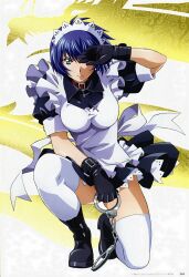  :| absurdres antenna_hair apron black_gloves blue_hair bob_cut boots bow breasts buckle closed_mouth collar copyright_name covering_one_eye cross cross_necklace cuffs dragon female full_body gloves gradient green_eyes handcuffs highres holding ikkitousen ikkitousen_great_guardians jewelry kneeling lace large_breasts looking_at_viewer maid maid_headdress mole mole_under_mouth necklace no_eyepatch official_art page_number petticoat photoshop_(medium) puffy_short_sleeves puffy_sleeves rin-sin ryomou_shimei scan short_hair short_sleeves sleeve_cuffs solo taut_clothes thighhighs v-shaped_eyebrows white_thighhighs wing_collar zettai_ryouiki zipper 