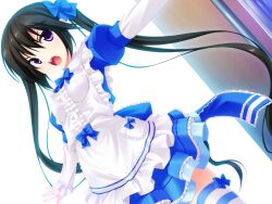  black_hair blue_eyes bow female game_cg hairbow highres long_hair long_sleeves luna_lia mechakon! open_mouth purple_eyes skirt solo striped_clothes striped_thighhighs thighhighs twintails yatake_tsubaki 