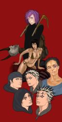  2girls 5boys aikawa_(dorohedoro) bikini black_hair caiman_(dorohedoro) commentary_request dorohedoro ebisu_(dorohedoro) haru_(dorohedoro) kai_(dorohedoro) kasukabe_(dorohedoro) maman_(ottt-ttto) multiple_boys multiple_girls photoshop_(medium) purple_eyes purple_hair realistic red_background risu_(dorohedoro) short_hair simple_background swimsuit 