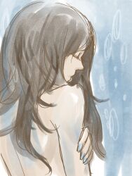  avatar:_the_last_airbender avatar_legends back bad_id bad_pixiv_id brown_hair closed_eyes dark-skinned_female dark_skin eyelashes female from_behind katara long_hair nude smile_(pixiv1491362) solo upper_body 