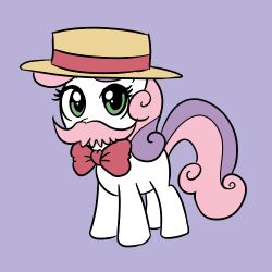  1:1 big_eyes boater_hat bow_(feature) bow_tie clothing equid equine facial_hair female feral flat_colors friendship_is_magic fur green_eyes hair hasbro hat headgear headwear horse low_res madmax mammal mostly_nude moustache my_little_pony pink_hair pony purple_background purple_hair quadruped simple_background solo sweetie_belle_(mlp) tail toony white_body white_fur young young_female young_feral 