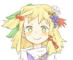  :&gt; bad_id bad_pixiv_id blonde_hair female flower food fruit grapes hair_flower hair_ornament moriya_suwako no_headwear portrait short_hair smile solo touhou yellow_eyes ziro_(daydozen) 