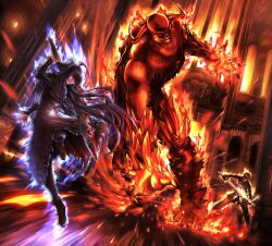  1boy ahoge armor aura battle black_hair blood commentary_request dagger demon&#039;s_souls female fire flamelurker glowing glowing_eyes grin highres horns knife kuroppu_66 long_hair monster photoshop_(medium) red_eyes slayer_of_demons smile sparks sword very_long_hair weapon 