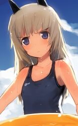  animal_ears bad_id bare_shoulders blonde_hair blue_eyes cat_ears cat_girl cloud commentary_request covered_nipples day female flat_chest frown helma_lennartz innertube long_hair one-piece_swimsuit shimada_fumikane solo strike_witches:_suomus_misfits_squadron swim_ring swimsuit upper_body wet world_witches_series 