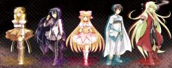  2boys 3girls akasata akemi_homura akemi_homura_(cosplay) akemi_homura_(magical_girl) blush cape checkered_background cigarette commentary_request cosplay himemiya_chikane kaname_madoka kaname_madoka_(cosplay) kaname_madoka_(magical_girl) kannazuki_no_miko kisaragi_otoha kurusugawa_himeko mahou_shoujo_madoka_magica mahou_shoujo_madoka_magica_(anime) miki_sayaka miki_sayaka_(cosplay) miki_sayaka_(magical_girl) multiple_boys multiple_girls oogami_souma pantyhose sakura_kyoko sakura_kyoko_(cosplay) sakura_kyoko_(magical_girl) smoking tomoe_mami tomoe_mami_(cosplay) tomoe_mami_(magical_girl) tsubasa_(knm) white_cape 