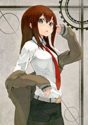  :o belt black_shorts brown_hair commentary_request female green_eyes highres jacket long_hair looking_at_viewer maeda_risou makise_kurisu necktie pantyhose pantyhose_under_shorts red_necktie shorts solo steins;gate 