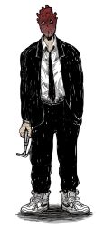  1boy bad_id bad_pixiv_id dorohedoro full_body hammer hand_in_pocket heart_(organ) male_focus mask moha necktie shin_(dorohedoro) shoes simple_background sneakers solo tuxedo 