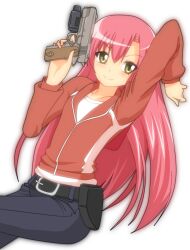  bad_source cosplay crossdraw_holster female finger_on_trigger gun handgun hangaku hayate_no_gotoku! highres holding holding_gun holding_weapon holster katsura_hinagiku laser_sight left_4_dead long_hair m1911 pink_hair smile solo transparent_background weapon yellow_eyes zoey_(left_4_dead) zoey_(left_4_dead)_(cosplay) 