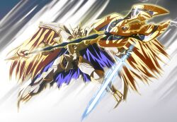  alphamon_ouryuuken armor asymmetrical_dual_wielding cape commentary_request digimon digimon_(creature) digital_monster_x-evolution dual_wielding energy_sword full_body holding mecha multiple_weapons no_humans photoshop_(medium) polearm robot solo spear sword takkayuuki weapon wings 