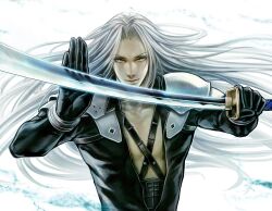  1boy commentary_request final_fantasy final_fantasy_vii highres left-handed long_hair male_focus masamune_(ff7) ootachi photoshop_(medium) sephiroth solo sword tetra_takamine weapon white_hair 