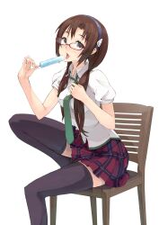  bad_id bad_pixiv_id black_thighhighs blue_eyes blush brown_hair chair evangelion:_2.0_you_can_(not)_advance female food glasses hairband highres knee_up long_hair maeda_risou makinami_mari_illustrious necktie neon_genesis_evangelion plaid plaid_skirt popsicle rebuild_of_evangelion school_uniform simple_background sitting skirt solo sweat thighhighs tongue twintails white_background zettai_ryouiki 