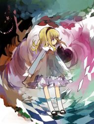  alice_(alice_in_wonderland) alice_in_wonderland blonde_hair bloomers blue_eyes checkered_floor cheshire_cat_(alice_in_wonderland) commentary_request dress female hairband highres kneehighs lolicon long_hair mary_janes shoes socks solo soto underwear 