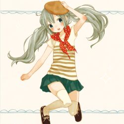  bad_id bad_pixiv_id beret blush female grey_eyes grey_hair hand_on_headwear hat hatsune_miku long_hair mizutamako open_mouth scarf shirt skirt solo thighhighs twintails vocaloid zettai_ryouiki 