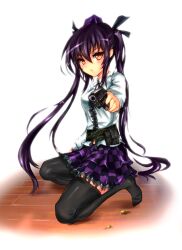  black_thighhighs checkered_clothes checkered_skirt commentary_request female gun hat himekaidou_hatate kihou_no_gotoku_dmc long_hair orange_eyes purple_hair skirt solo thighhighs tokin_hat touhou twintails very_long_hair weapon zettai_ryouiki 