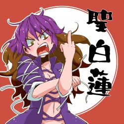  angry aono3 bras_d&#039;honneur breasts brown_eyes brown_hair cleavage commentary_request female gradient_hair groin hijiri_byakuren long_hair medium_breasts middle_finger multicolored_hair no_bra open_clothes purple_hair solo touhou translated two-tone_hair upper_body 