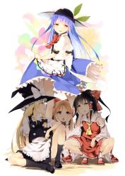  4girls ascot bad_id bad_pixiv_id black_hair black_socks blonde_hair blue_hair bow braid detached_sleeves floral_background food fruit hair_tubes hairbow hakurei_reimu hand_on_own_cheek hand_on_own_face hands_on_own_cheeks hands_on_own_face hat highres hinanawi_tenshi horns ibuki_suika kirisame_marisa long_hair looking_up mary_janes multiple_girls open_mouth orange_hair peach ponytail red_eyes shirt shoes sitting skirt skirt_hold skirt_set socks squatting standing staring subachi touhou upskirt white_legwear witch_hat wrist_cuffs yellow_eyes 