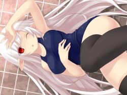  armpits bad_id bad_pixiv_id bare_shoulders black_thighhighs breasts elf female large_breasts long_hair lying on_back one-piece_swimsuit one_eye_closed open_mouth original pointy_ears red_eyes school_swimsuit solo swimsuit thighhighs tsukumiya_amane white_hair 