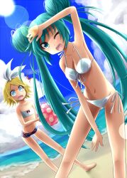  2girls ball barefoot beach beachball bikini blonde_hair blue_eyes breast_envy breasts cloud commentary_request day double_bun dutch_angle flat_chest green_eyes green_hair hair_bun hair_ornament hairclip hatsune_miku highres kadomaki_shinnosuke kagamine_rin lens_flare long_hair md5_mismatch medium_breasts multiple_girls navel one_eye_closed open_mouth outdoors pale_eye shading_eyes short_hair side-tie_bikini_bottom sky strapless surprised swimsuit tube_top twintails very_long_hair vocaloid white_bikini 