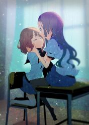  2girls absurdres aqua_hair bare_legs barefoot black_legwear blurry_vision brown_hair chair classroom closed_eyes commentary_request crying curtains desk grey_hair hairband hamamoto_ryuusuke hand_on_another&#039;s_cheek hand_on_another&#039;s_face happy_tears highres imminent_kiss kneeling multicolored_hair multiple_girls on_desk original pantyhose photoshop_(medium) school school_desk school_uniform serafuku sitting tears wiping_tears yuri 