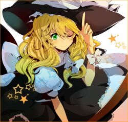  akishima_kei bad_id bad_pixiv_id blonde_hair braid female green_eyes hair_ribbon hat kirisame_marisa long_hair one_eye_closed ribbon shirt skirt smile solo star_(symbol) touhou 