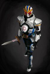  1boy armor belt commentary_request compound_eyes kamen_rider kamen_rider_ixa kamen_rider_kiva_(series) male_focus mizumo solo sword weapon 