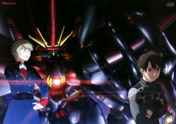  2boys absurdres adjusting_clothes adjusting_collar adjusting_gloves aldnoah.zero belt blonde_hair blue_eyes brown_eyes brown_hair buckle cowboy_shot dark dioscuria expressionless fingerless_gloves gloves glowing glowing_eyes hand_on_own_hip highres kaizuka_inaho kataphrakt_(aldnoah.zero) kogure_masahiro long_sleeves male_focus mecha military military_uniform military_vehicle multiple_boys official_art pilot_suit robot science_fiction slaine_troyard standing uniform white_gloves 