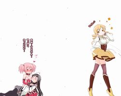  3girls ^^^ akemi_homura akemi_homura_(magical_girl) black_hair black_pantyhose black_thighhighs blonde_hair blush commentary_request constricted_pupils drill_hair hairband heart kaname_madoka kaname_madoka_(sexy_madoka) long_hair magical_girl mahou_shoujo_madoka_magica mahou_shoujo_madoka_magica_(anime) motion_lines multiple_girls panties pantyhose pink_hair purple_eyes short_hair short_twintails teri_terio thighhighs tiro_finale tomoe_mami tomoe_mami_(magical_girl) translated twintails underwear yuri 