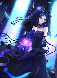  bare_shoulders black_dress black_hair blue_feathers bouquet bow breasts bridal_veil bride commentary dress dutch_angle elbow_gloves feathers female flower gloves hair_flower hair_ornament hayami_kanade highres idolmaster idolmaster_cinderella_girls large_breasts looking_at_viewer noah_(yakumo3903) parted_bangs ribbon short_hair solo strapless strapless_dress veil wedding_dress yellow_eyes 