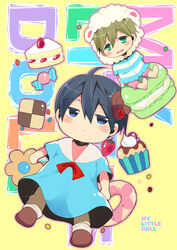  2boys aged_down ahoge animal_hood bad_id bad_pixiv_id black_hair blue_eyes blush_stickers brown_hair cake cake_slice candy checkerboard_cookie chibi cookie cover cover_page cupcake doujin_cover english_text food free! fruit full_body green_eyes hood kindergarten_uniform ku--ma lolicon macaron male_focus multiple_boys nanase_haruka_(free!) open_mouth photoshop_(medium) smile strawberry strawberry_shortcake tachibana_makoto yellow_background 