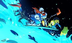  5:3 action_pose anadapta animated_skeleton bone frisk_(undertale) group hi_res holding_object holding_weapon human mammal napstablook papyrus_(undertale) pose raft sans_(undertale) skeleton tem temmie_(undertale) undead undertale undertale_(series) undyne water weapon 