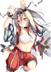  aircraft airplane blush broken broken_chain brown_eyes brown_hair chains collar commentary_request cuffs female handcuffs headband highres japanese_clothes kantai_collection looking_at_viewer midriff miyabi_(miyabi) navel open_clothes ponytail sarashi solo wide_sleeves zuihou_(kancolle) 