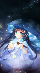  black_hair commentary_request female highres long_hair original smile solo star_(symbol) strib_und_werde umbrella 