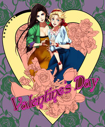  2girls 4-fingers_heart_hands alternate_costume battle_tendency black_hair blonde_hair blue_eyes blue_shirt blue_skirt bracelet breasts calla_lily cleavage collarbone commentary_request contrapposto cropped_jacket dress earrings floral_background flower green_jacket hair_flower hair_ornament hairband happy heart heart_hands heart_hands_duo jacket jewelry jojo_no_kimyou_na_bouken kabane_(follabi) lipstick lisa_lisa long_hair looking_at_viewer makeup mature_female medium_breasts multiple_girls nail_polish open_mouth orange_dress orange_nails red_flower red_lips red_rose rose shirt skirt skirt_tug smile standing suzi_q valentine 