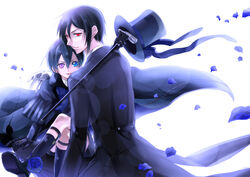  2boys bad_id bad_pixiv_id black_hair blue_eyes cane ciel_phantomhive gloves hana_(kikilala) hat kodona kuroshitsuji lolita_fashion male_focus multiple_boys photoshop_(medium) sebastian_michaelis smile top_hat 